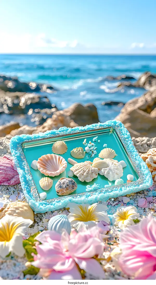 Seashells on a Turquoise Tray by the Ocean