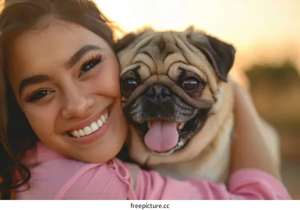 A young woman is hugging a pug dog.