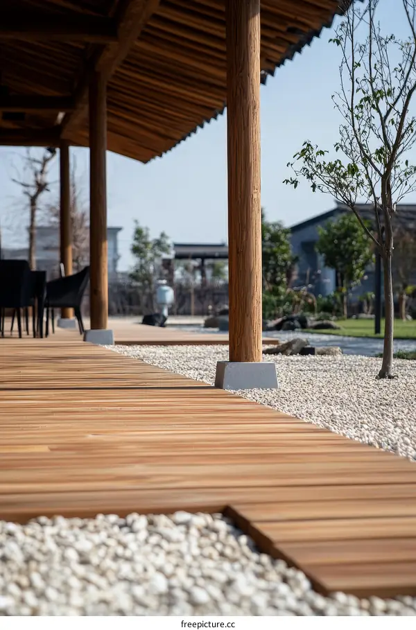 Wooden Pathway Under a Traditional Roof Structure