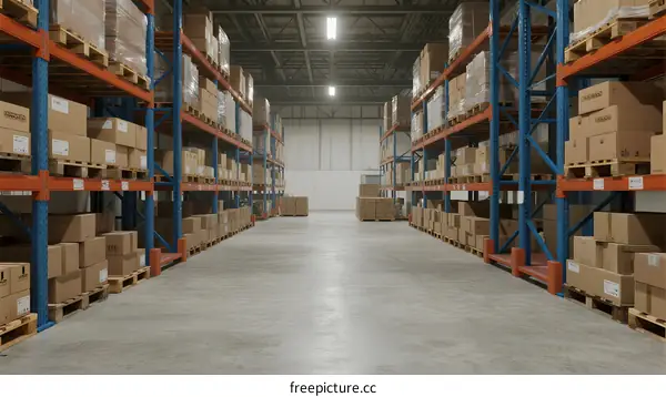 Large warehouse with neatly arranged shelves filled with boxes