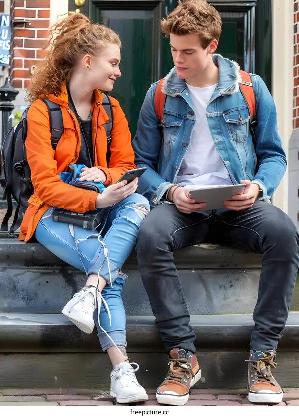 Young Couple Sitting on a Stone Bench in a City