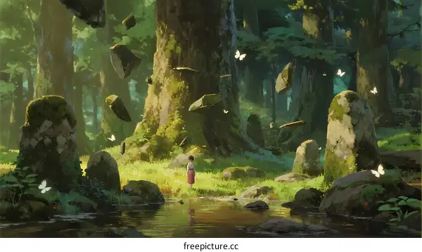 Enchanted Forest with Floating Stones and a Girl Standing by Stream