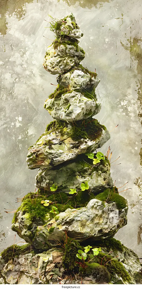 Stacked Stones with Moss and Green Plants