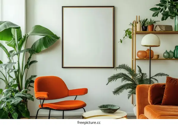 Modern Interior Design with Orange Velvet Furniture and Plants