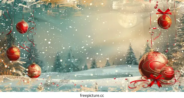 Red and Gold Ornaments Hanging Before a Snowy Forest Landscape