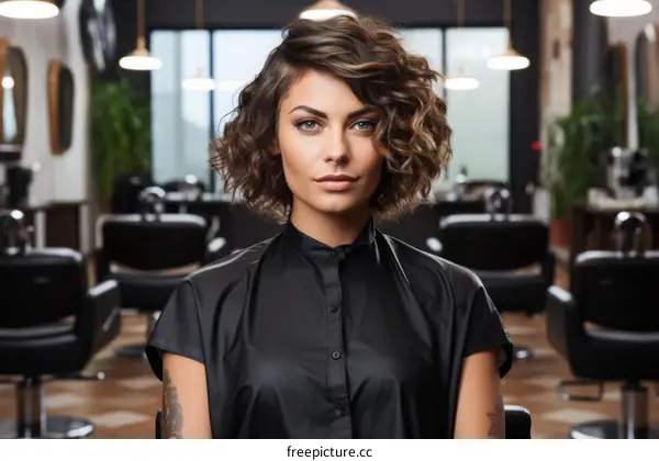 Portrait of a young woman with short brown hair and green eyes in a hair salon