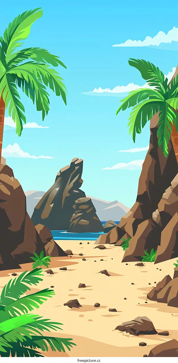 Tropical Beach Scene with Palm Trees and Rocks