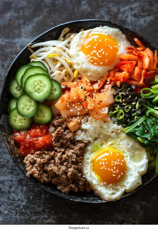 Korean Food, Bibimbap with Kimchi and Egg