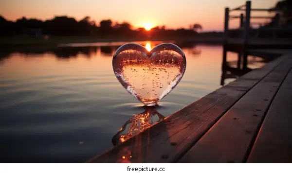 Glass Heart Floating on a Calm Lake at Sunset