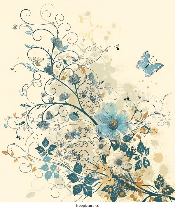 Blue Flower And Butterfly With Vines