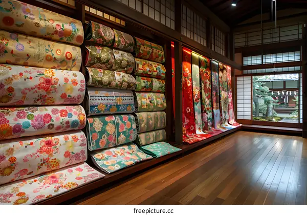 Traditional Japanese Fabric Rolls Displayed in a Shop