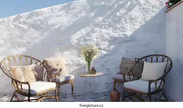 White Wall Patio with Wicker Chairs