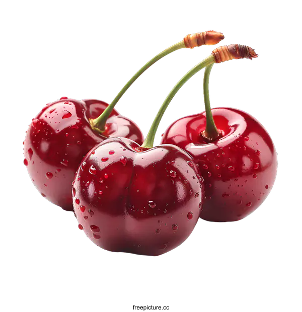 [Transparent Background PNG]Three Ripe Cherries with Water Droplets