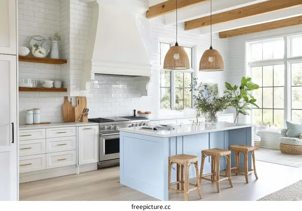 Modern Farmhouse Style Kitchen with Light Blue Island