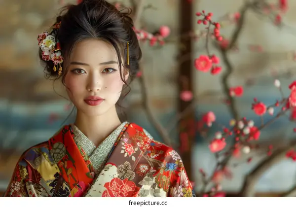 Portrait of a young Japanese woman in traditional kimono