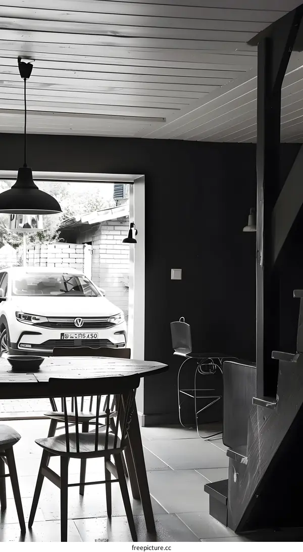 Black and White Interior Design of a Modern Home with Wooden Table and Chairs