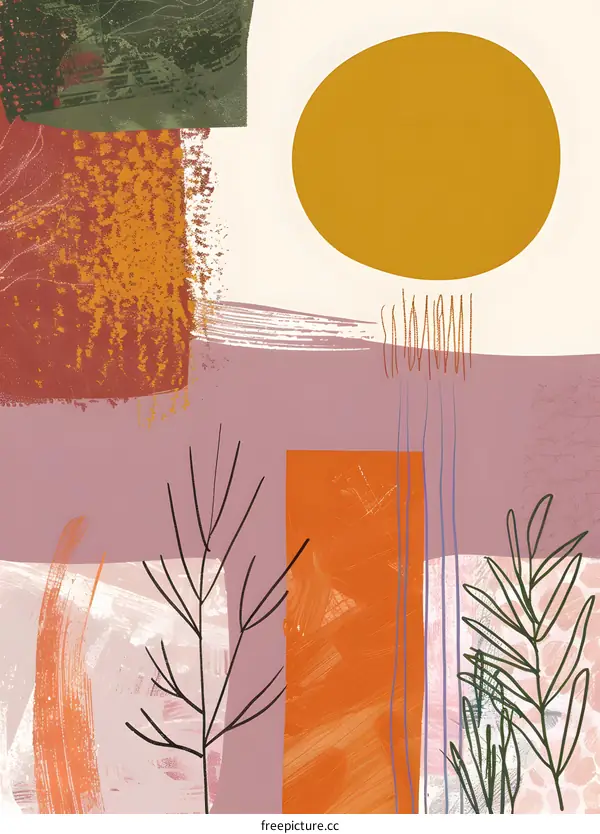 Abstract Art Print with Geometric Shapes and Sun