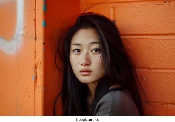 Portrait of a Young Woman with Freckles Against a Red Wall