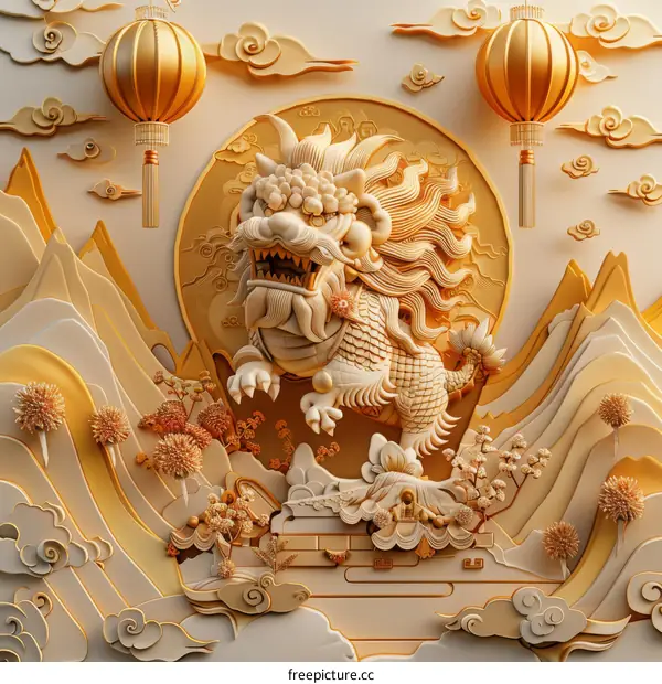Chinese Guardian Lion Sculpture with Golden Clouds and Lanterns