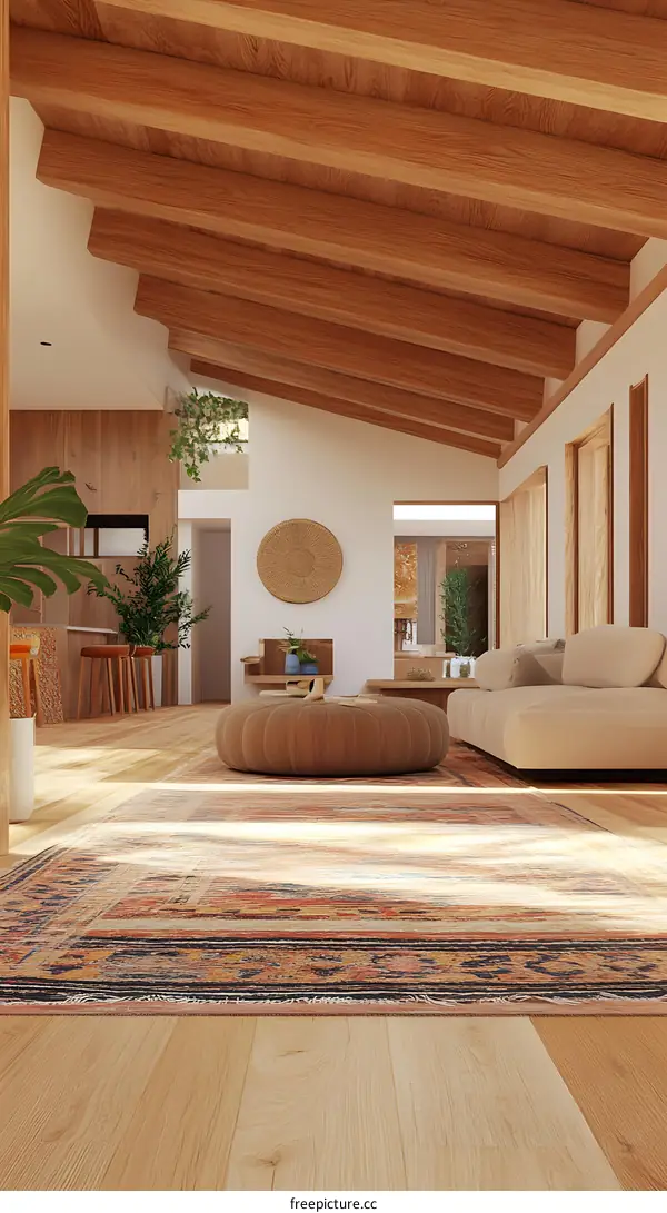 Modern Living Room With Wooden Beams And Area Rug