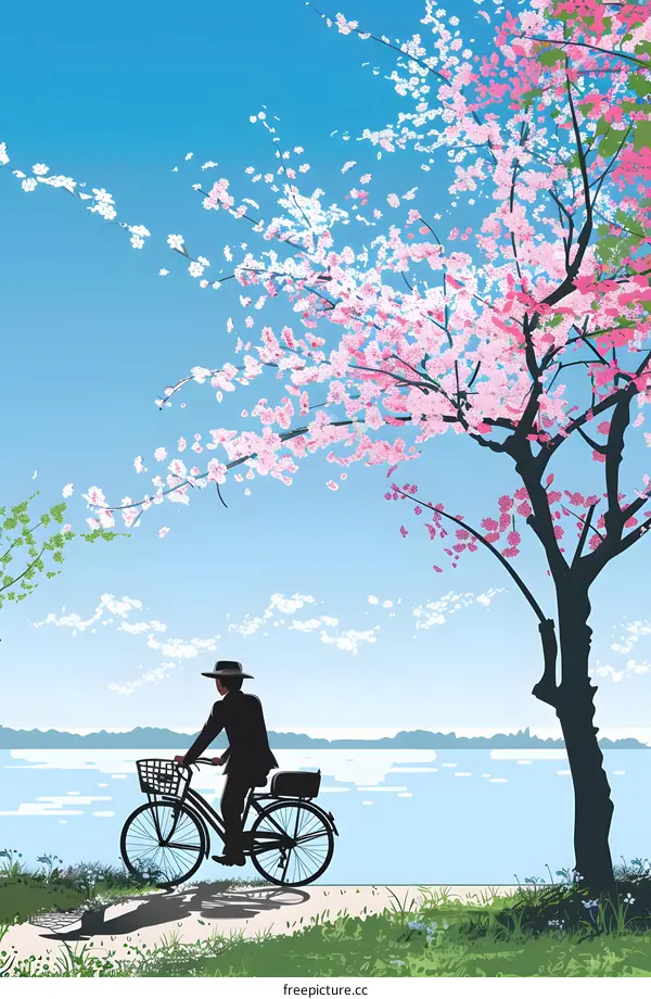 Man Riding a Bicycle in Spring with Cherry Blossoms