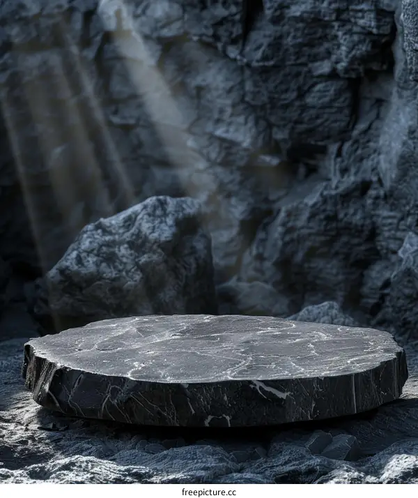 Black stone podium on the rock background. Rays of light. 3d rendering.