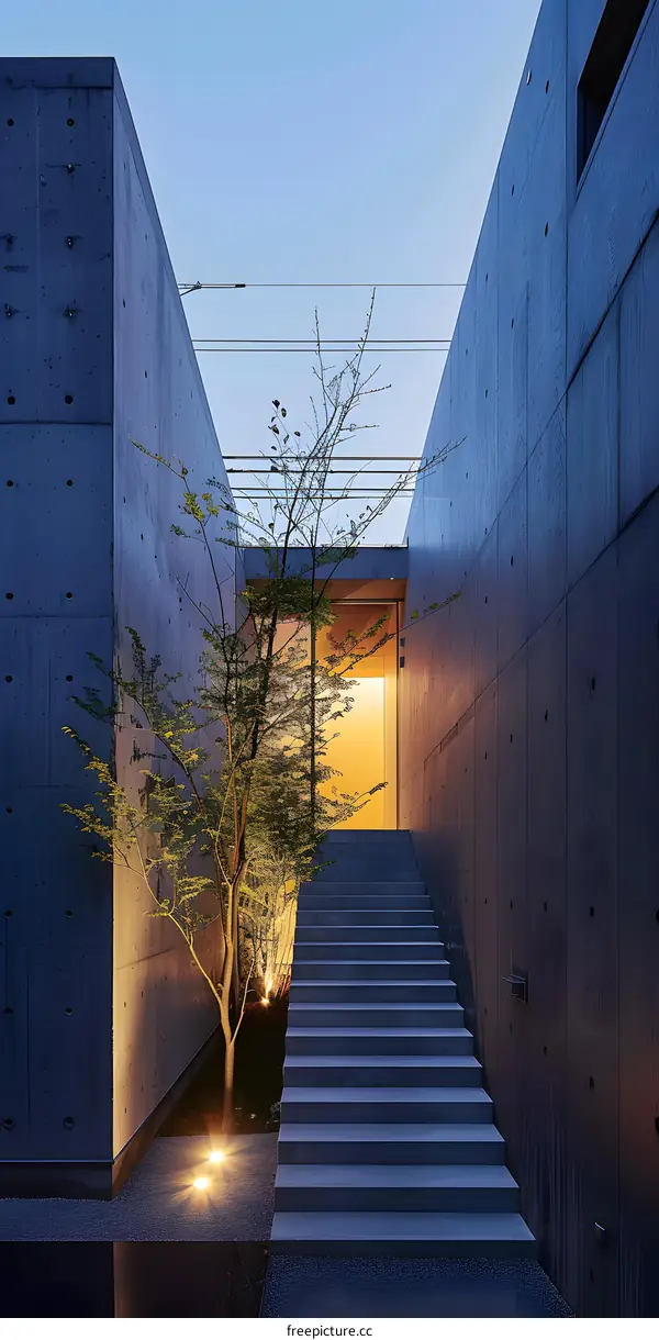Modern Concrete House with Tree and Stairs at Sunset