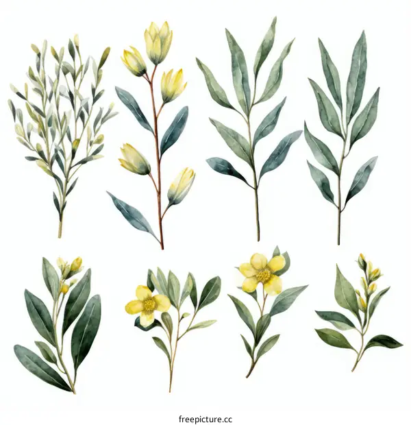 Set of watercolor hand drawn yellow flowers and green leaves