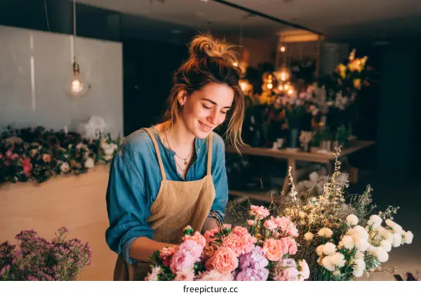 Woman Florist Arranging a Beautiful Bouquet of Flowers