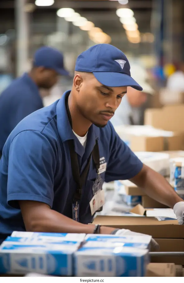 African American man wearing blue cap and blue shirt working in distribution warehouse