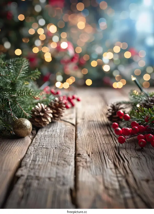 Rustic Christmas Background with Pine Cones, Ornaments, and Holly