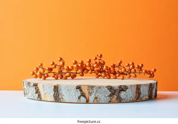 Autumnal Orange Berries on Wooden Slice