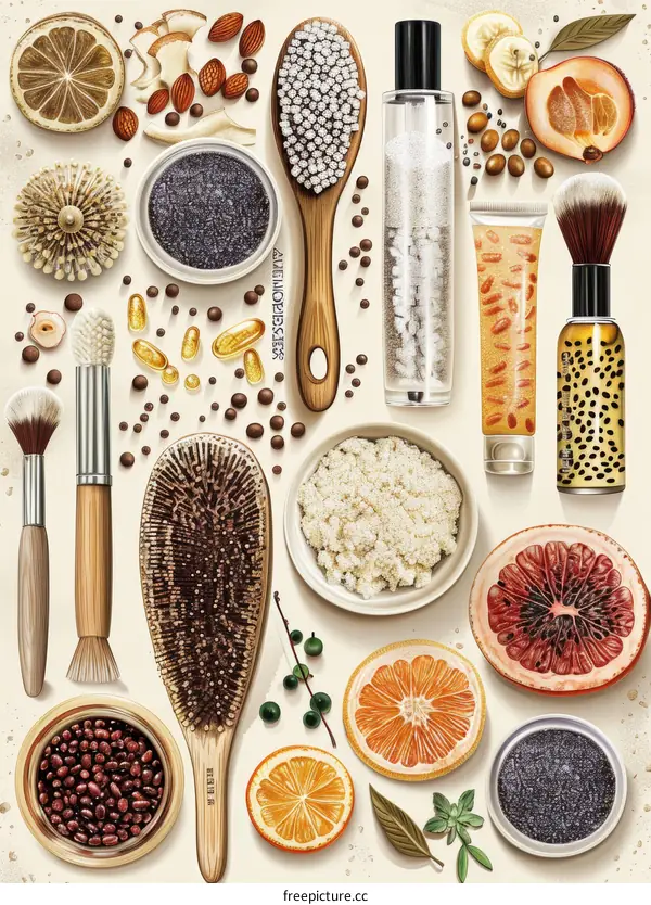 A variety of cosmetics and natural ingredients are arranged together