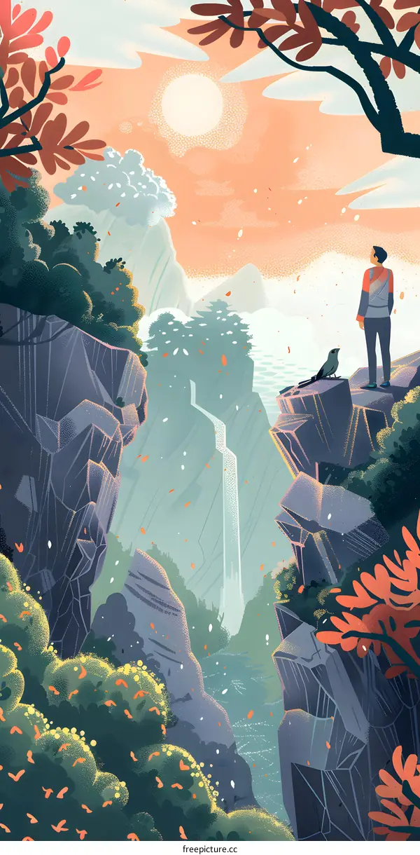 Woman Standing on Cliff Looking at Waterfall