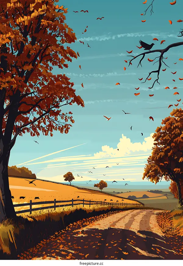 Autumn Landscape with Trees, Birds and a Dirt Road