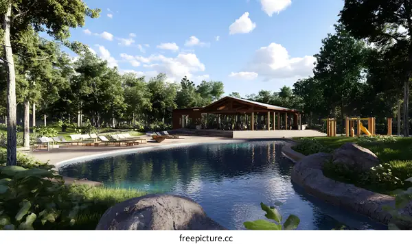 Luxury Resort Pool With Cabanas and Green Trees