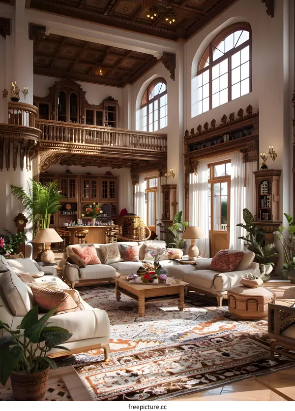 European style living room interior with wooden carved ceiling and balcony