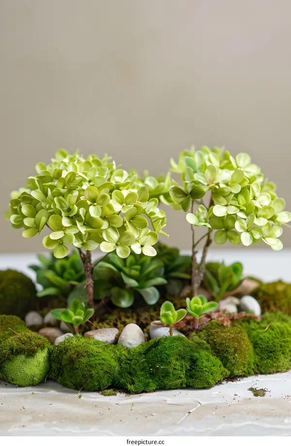 Green Plants with Moss and Stones Miniature Garden