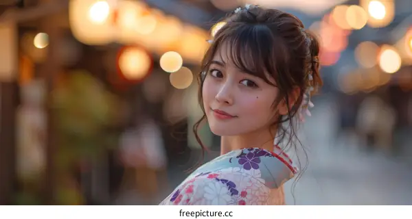 Japanese Woman in Kimono in Evening Market