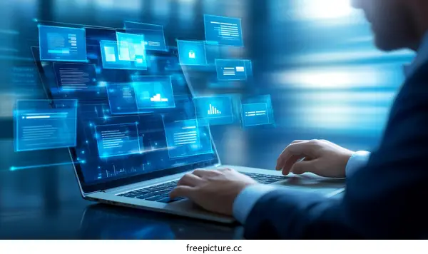 Businessman working on a laptop with digital interface