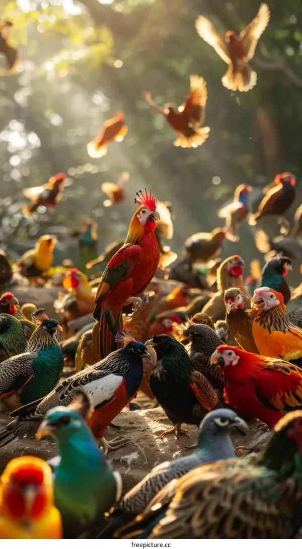Colorful Birds in a Forest Gathering