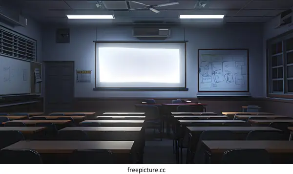 Empty Classroom with Whiteboard and Projector Screen