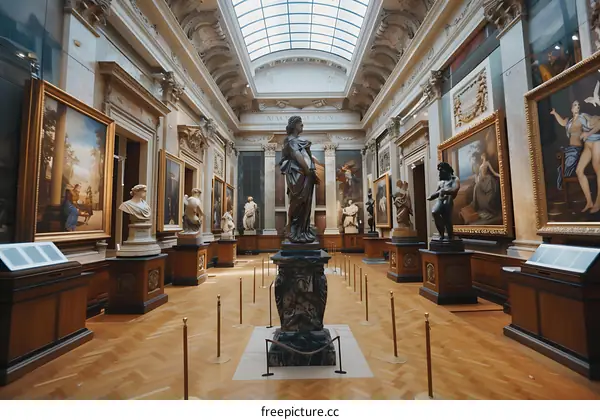 Classic Art Gallery Interior With Sculptures and Paintings