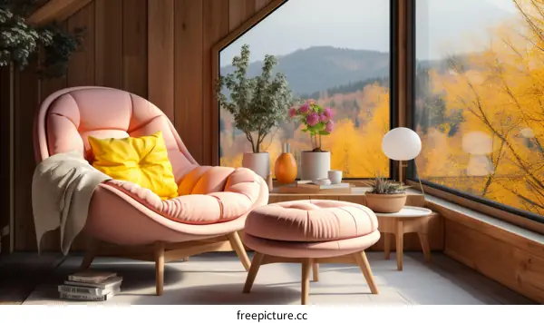 A beautiful living room with a large window looking out onto a forest