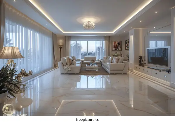 Modern Living Room Interior Design With White Sofa And Floor Lamp