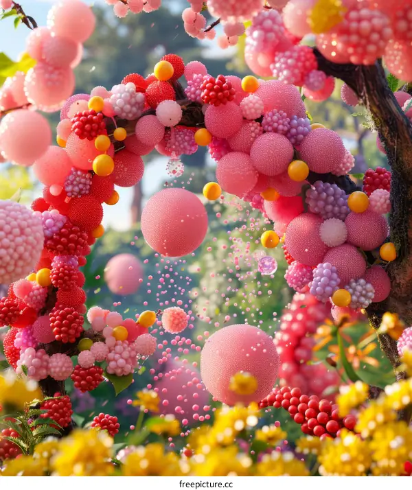 pink and yellow berries in a pink bubblegum tree