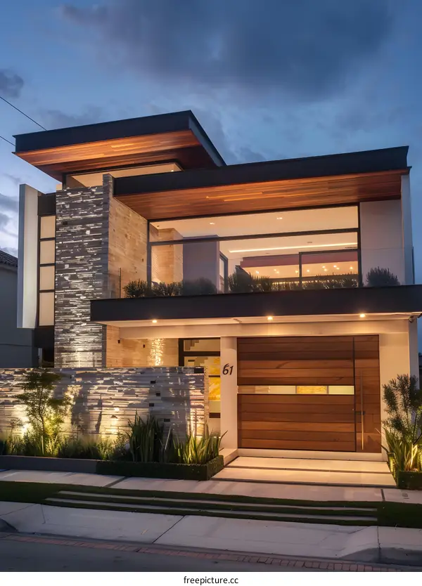 Modern Home Exterior With Stone Wall And Wooden Door