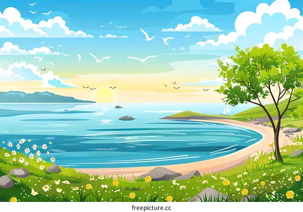 Sea Shore Summer Landscape with Sunrise
