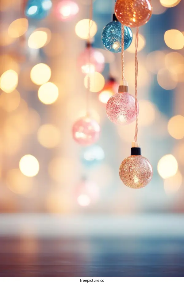 Pink and blue Christmas ornaments hanging on a string of lights with a blurred background of white lights