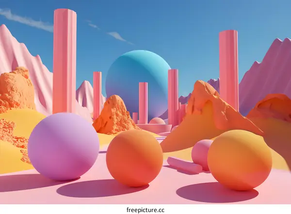 Abstract 3D Illustration of Colorful Spheres and Pillars in a Surreal Landscape